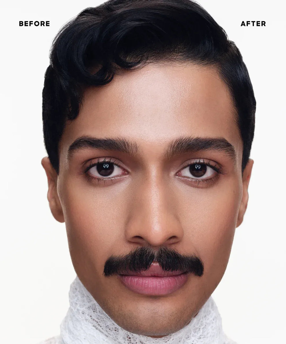 Before and after comparison of a person with styled hair on a plain background