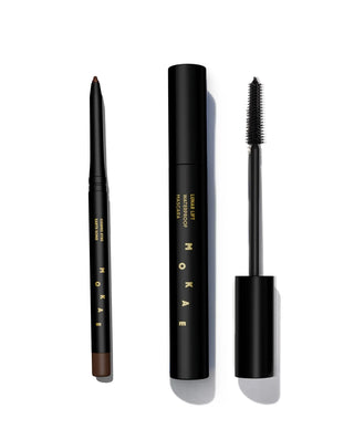 Set of MOKAE eyebrow pencil, mascara, and eyeliner on a white background